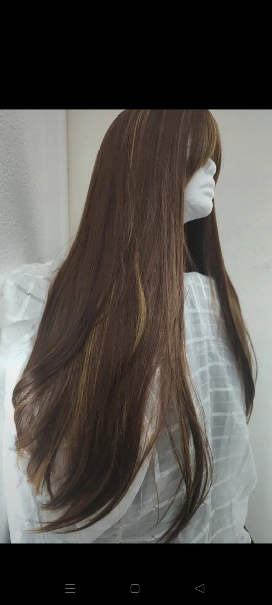 Perruque Châtain Ombré Mèches Naturelle Luxe Tendance